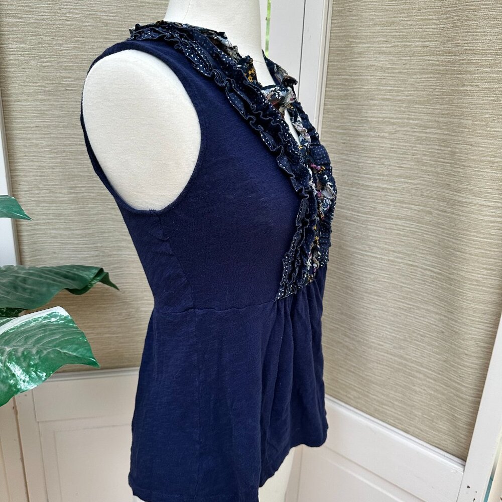 Anthropologie Deletta Ruffle Tank Top Floral Polka Dot Peplum Navy Medium - Picture 7 of 8